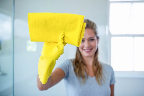 Technician assessing a carpet cleaning area for potential risks